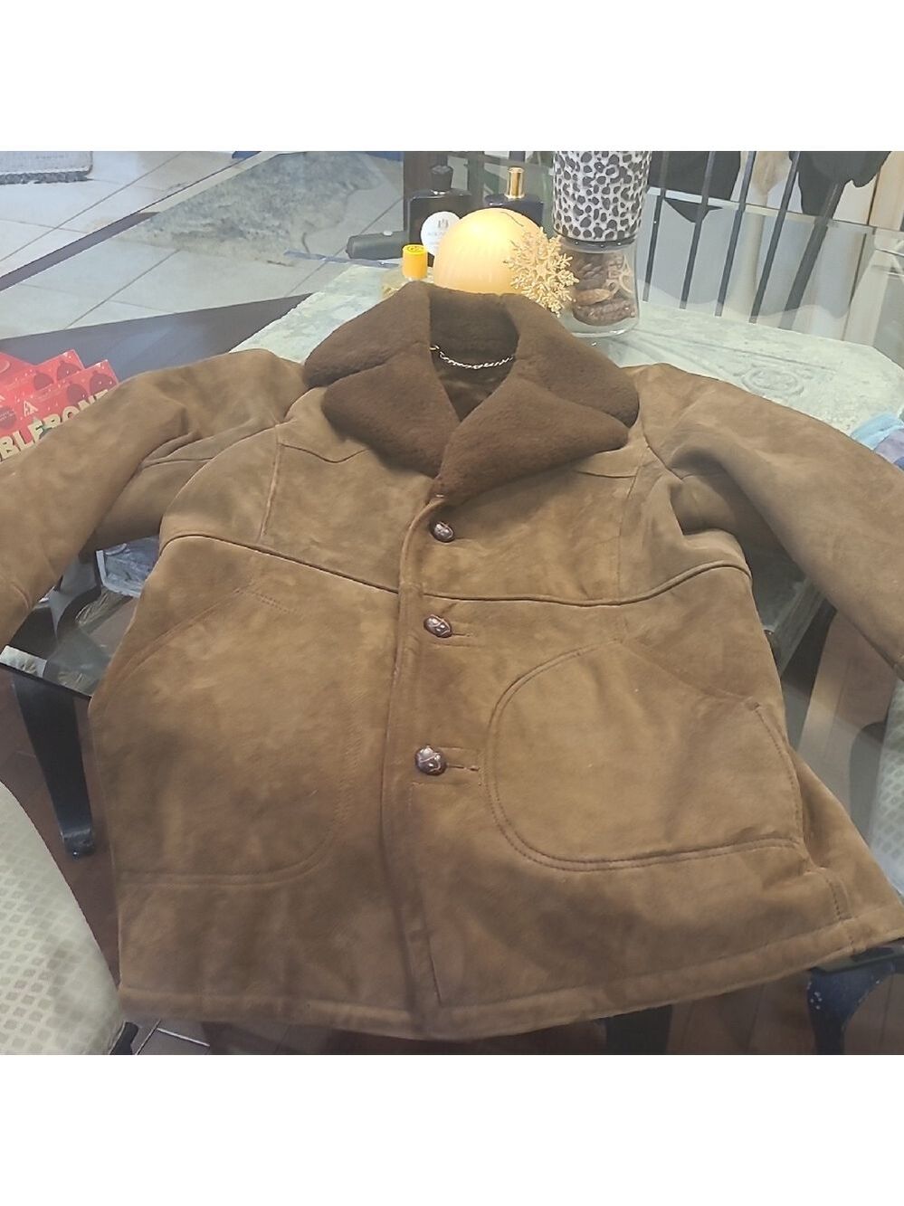 Mens Vintage Suede Shearling Collar Lumberjack Coat L 42 Size